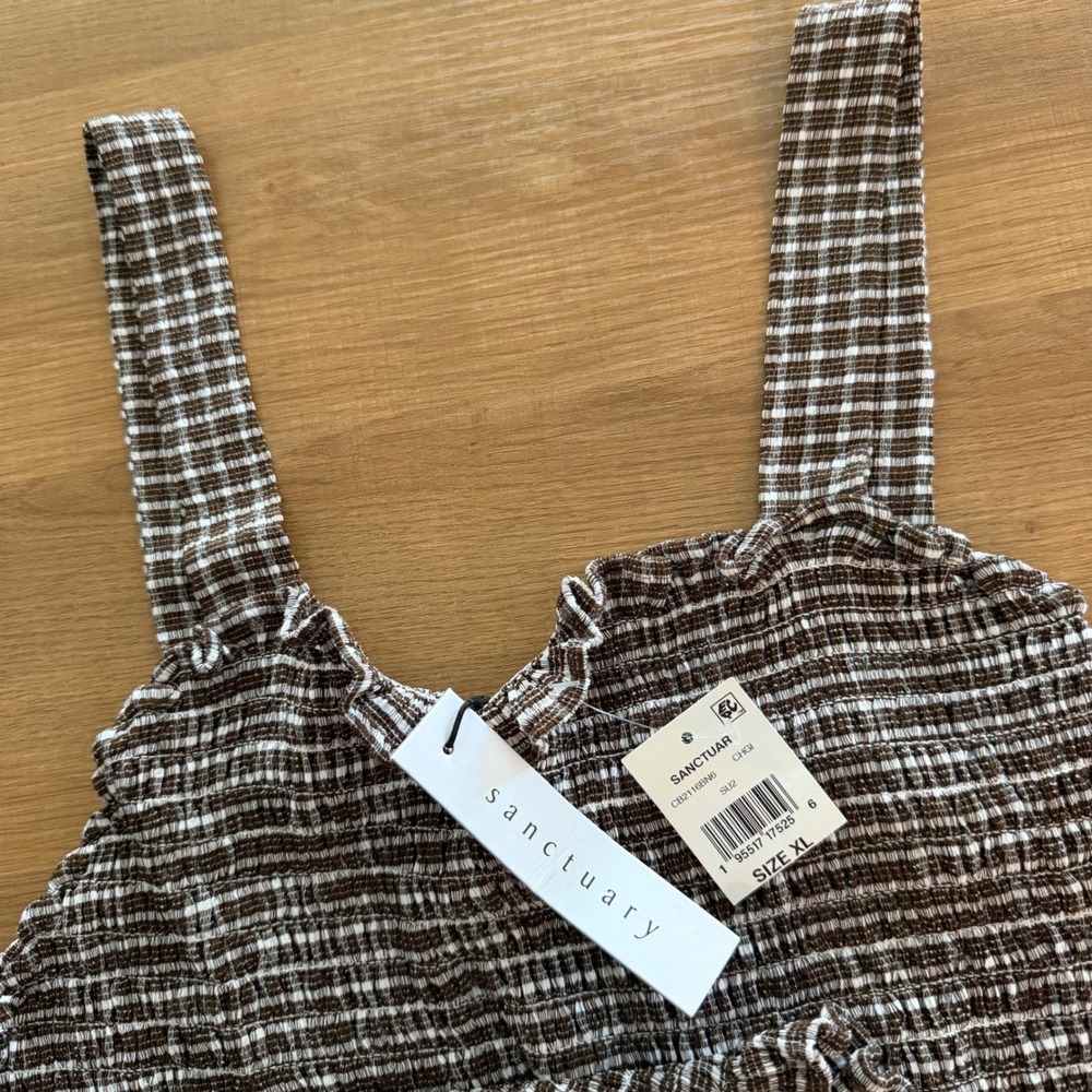 Sanctuary Smocked Gingham Tank Top Brown White Ruffle‎ XL CB2116BN6 - Picture 6 of 9